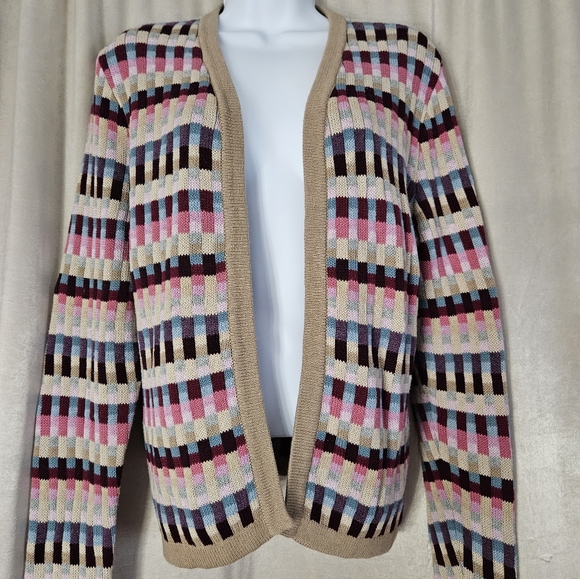 NWOT Talbots tan red pink blue purple cotton cardigan sweater Womens Large - Picture 2 of 9
